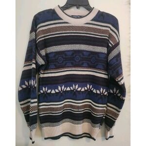 Vintage Atlantic Traders Knit Sweater Mens Medium Cream Blue Aztec Fair Isle